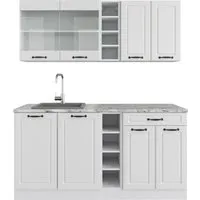 Vicco Küchenzeile R-Line, Weiß Landhaus, 160 cm mit Marmorarbeitsplatte - Küchenzeile für platzsparende Lösungen, modular erweiterbar und höhenverstellbar für ergonomischen Komfort. Ideal für Wohnungen oder WGs.
