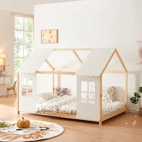 [en.casa] Kinderbett Tostedt - Magisches Hausbett aus Kiefer - Betten für Kinder: Halboffenes Design für Abenteuer und Geborgenheit. Das natürliche Kiefernholz sorgt für eine gemütliche Atmosphäre und ist perfekt für traumhafte Nächte.