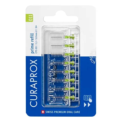 Curaprox CPS 011 Prime Ersatz, 8er-Pack, Hellgrün, Swiss Made | Interdentalbürsten-Ersatz, Für Enge Zwischenräume, Englische Verpackung