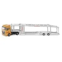 siku Fahrzeug 3944 MAN Autotransporter - Spielzeugauto im Maßstab 1:50, aus robustem Metall und Kunststoff, mit klappbarer Auffahrrampe und Platz für 6-8 Fahrzeuge. Inklusive 2 Sportfahrzeugen für kreatives Spielen.