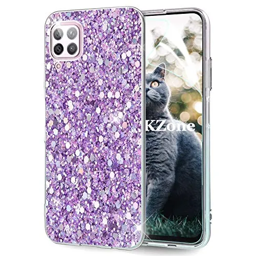 OKZone Kompatible mit Huawei P40 Lite Hülle [mit HD-Schutzfolie], Glitzer Design Weich TPU Bumper Case Silikon Schutzhülle Handy Tasche Rückseite Hülle Etui Cover TPU Bumper Schale (Lila)