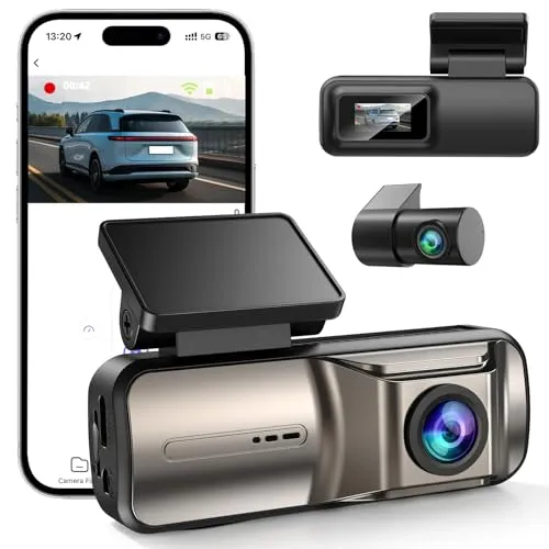 FLUXEONS Dashcam Auto Vorne Hinten 4K +1080P, 64GB Karte, Nachtsicht, WDR | 5GHz WLAN APP-Steuerung, 24/7 Parküberwachung, G-Sensor-Aufnahmeschutz, 170° Weitwinkel, 0.96