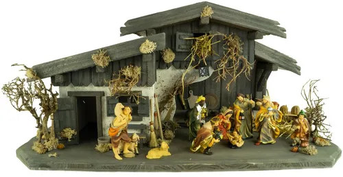 Prachtvolle Weihnachtskrippe Engelthal dunkel mit 12 Figuren - Traditionelle Weihnachtskrippe aus handgefertigtem Holz, ideal für festliche Anlässe. Mit liebevoll bemalten Figuren und klassischem Design wird sie zum Highlight jeder Weihnachtsdekoration.