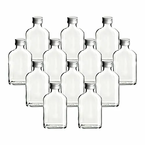 gouveo 12er Set Glasflaschen 100 ml Flachmann mit Schraubverschluss silberfarben - Kleine Flasche 0,1 l zum Befüllen - Leere Schnapsflaschen für Likör, Whisky, Gin, Brandy, Cognac (FF100S)