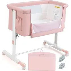 COSTWAY 3in1 Beistellbett, Babywiege, Reisebett neigbar, 5-stufig Höhenverstellbarer Stubenwagen inkl. Matratze, Tragetasche für Babys bis 9kg Rosa - Rosa