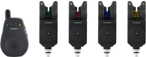 MK Multi Sounder Funk Bissanzeiger 4+1 mit 1:1 Übertragung - Bissanzeiger-Set mit 4 blauen Funkbissanzeigern und Receiver, 300m Reichweite, wassergeschützt und mit edlem Alukoffer für optimalen Schutz und Transport.