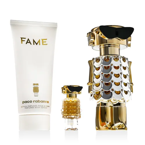 Rabanne Fame EDP Set 80 ml - Eau de Parfum Set mit 80 ml Spray, 4 ml Mini und 100 ml Body Lotion, bietet einen sinnlichen, langanhaltenden Duft für moderne Frauen, ideal für jeden Anlass.