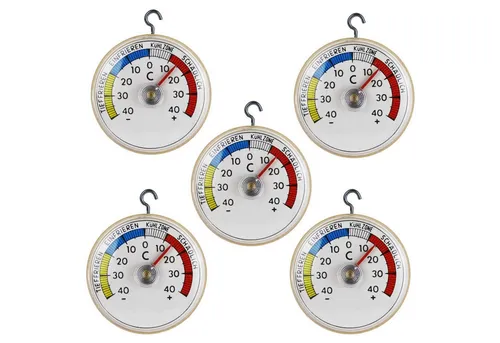 Lantelme Kühlschrankthermometer 5 Stück Set Gefrierschrank Kühlschrank Thermometer Haken selbstklebend, 5-tlg., Metallhaken und Klebepad, Temperaturanzeige + - 40°C