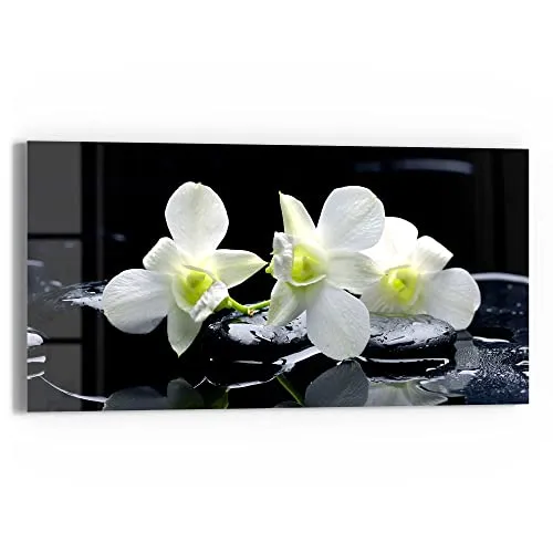 DEQORI Glasbild Echtglas | Motiv Orchidee mit Zen-Steinen | horizontal einteilig 60x30 cm | schöne Dekoration | Wandbild für Wohnzimmer, Schlafzimmer, Flur & Küche | moderne Wanddeko