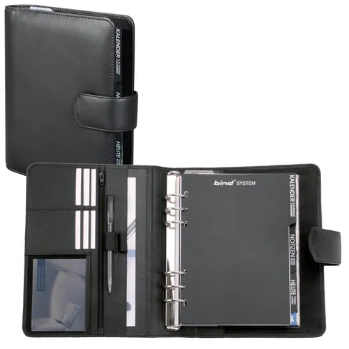 Bind Systemplaner T5 - A5, schwarz, Echt Leder mit Magnetverschluss, inklusive beschriftetem Register und zahlreichen Fächern für optimale Organisation