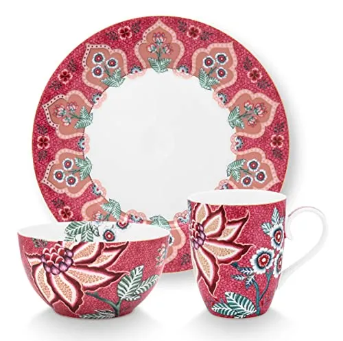 Pip Studio 51020162 Flower Festival Frühstücksset Dark pink Set3