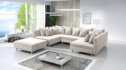 Küchen-Preisbombe Minsk XXL Sofa Wohnlandschaft - Beige Ecksofa in U-Form mit Hocker, aus hochwertigem Cordstoff, ideal für großzügige Wohnräume und gemütliche Abende.
