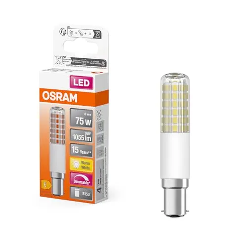 OSRAM LED T Slim schlanke multicolor LED-Lampe aus Kunststoff mit B15d-Sockel, T-Form, 8 W / 1055 lm, klar, warmweißes Licht mit 2700 K, dimmbar, 18 mm Durchmesser, CRI 80.