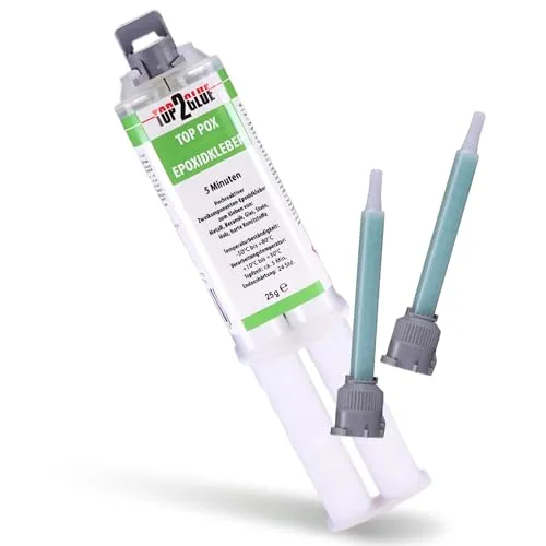 Top2Glue 2k Kleber | Epoxidharz Kleber | 5 Min Harz | echter Epoxy Kleber | 2 Komponenten Kleber | Kunststoff Metall Glas Stein Beton Holz | Express Kleber | 25g Spritze 1:1 + 2 Spitzen