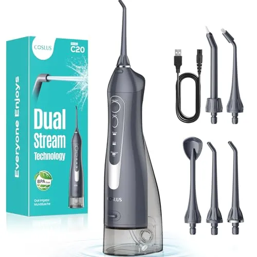 COSLUS Munddusche Kabellos Trragba Elektrische: 300ML WassertankTestsieger 2025 IPX7 Wasserdicht für Oral Health Enthusiasten Tägliche Tiefenreinigung Reinigung auf Reisen 5 Multifunktionale Jet-Tipps