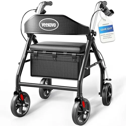 Leichtgewicht Rollator faltbar mit Sitz,schmal für Senioren Wohnung,Höhenverstellbar,Rollatoren für Senioren Klappbar mit 20cm Reifen für All Gelände,Gehhilfe,Laufhilfe.(Schwarz)