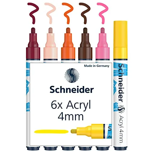 Schneider Paint-It Acrylstifte (Set 3 mit 4 mm Rundspitze, hochdeckende Acrylfarben für Holz, Leinwand, Stein uvm.) 6 Stück, sortiert, 4mm Strichbreite