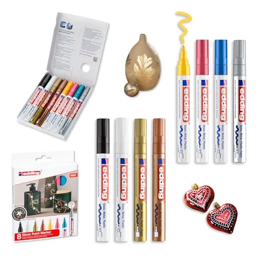 edding 750 Glanzlackmarker Set - 8 Farben für kreative Projekte - Filzstifte Set mit 8 wasserfesten Lackmarkern in glänzenden Farben, ideal für kreative Arbeiten auf Glas, Stein, Holz und mehr. Stark deckende Tinte für langlebige Ergebnisse.