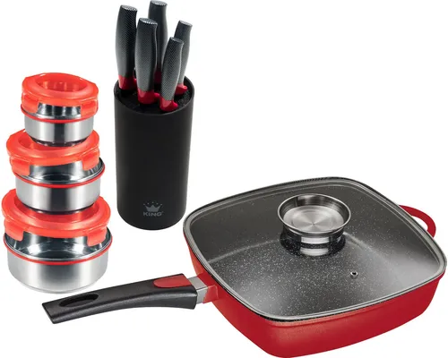KING Pfannen-Set Square 10-tlg. mit Eckpfanne - Pfannen-Set aus Aluminiumguss, 28x28 cm Eckpfanne, antihaftbeschichtet und induktionsgeeignet – ideal für gesundes Kochen und einfache Reinigung.