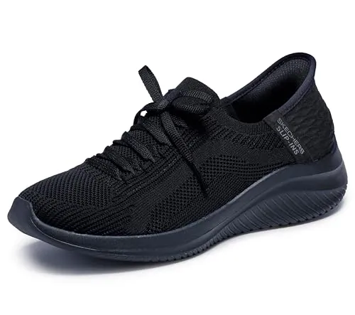Skechers 149710 Damen Turnschuhe - Komfortable Slip-ins in Schwarz - Sneaker mit TOUCHLESS FIT™ für mühelosen Komfort. Aus technischem Strick mit dekorativen Schnürsenkeln und gepolstertem Memory Foam® Fußbett.