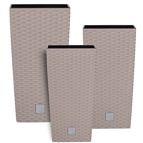 botle Topf Set 3 x Pflanztöpfe Kübel Rattan Hohes H 32 37 42 cm Mokka Kunststoff mit Pflanzeinsatz Quadrat