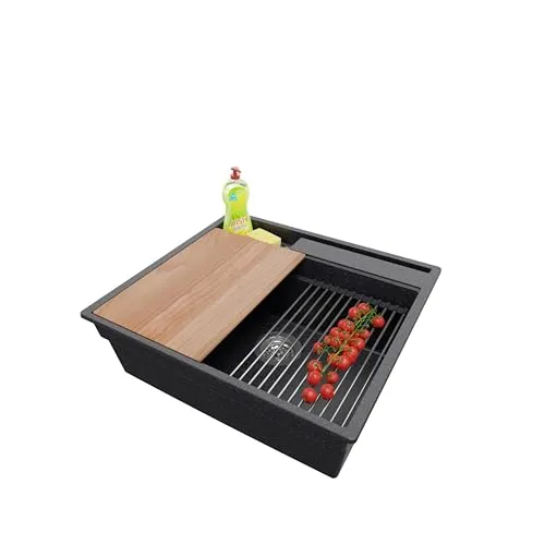 PRIMAGRAN Spülbecken Anthrazit 58x53cm, Granitspüle 1 Becken + Ablauf-Set + Küchenzubehörset, Küchenspüle ab 60er Unterschrank - Oslo Pocket S144