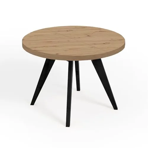 Dekori Möbel LORA Runder Ausziehbarer Tisch - Esszimmertisch im Loft-Stil mit Holzbeinen, flexibel von 90 bis 220 cm ausziehbar, ideal für gesellige Runden und elegante Einrichtung.