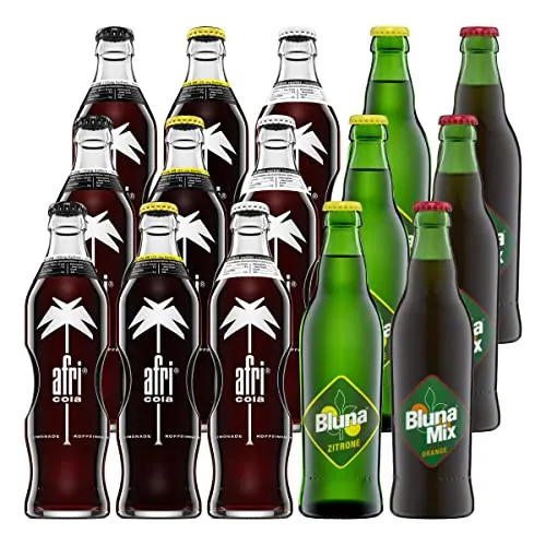 Afri Cola Probierpaket Mischkiste 15 Flaschen - Cola-Genuss in der Vielfalt: 3x Afri Cola mit Koffein, 3x zuckerfreie Variante und erfrischende Bluna Limonaden im praktischen Mehrweg-Pfand.