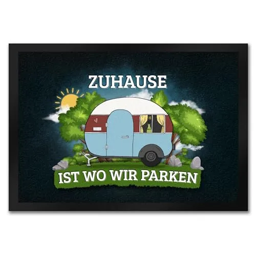 trendaffe - Zuhause ist wo wir parken Fußmatte mit Camping Motiv Wohnwagen Wohnmobil Urlaub