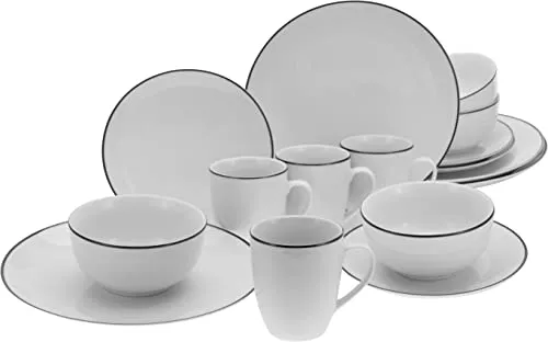 Creatable Kombiservice Luna Black Line - 16-teiliges Geschirrset aus Keramik in elegantem Schwarz und Weiß, ideal für stilvolle Tischdekoration und unvergessliche Dinnerabende.