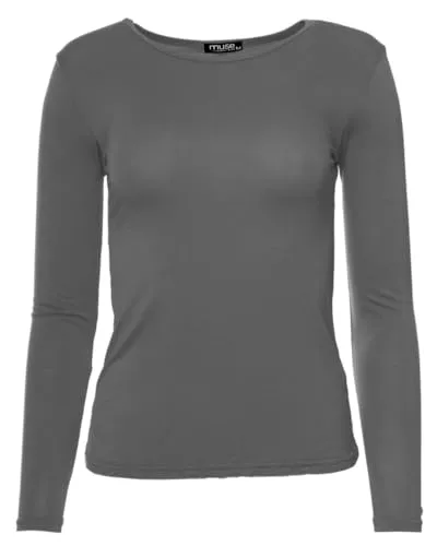Easy Young Fashion - Damen Basic Rundhals Shirt - Langarm Unterziehshirt - Skinny Fit 1093 - Dunkelgrau M