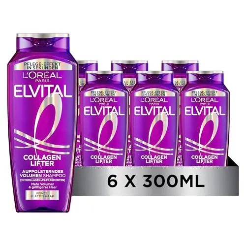 L´Oréal Paris Elvital Collagen Lifter Volumen Shampoo 300ml - Aufpolsterndes Shampoo mit Kollagen-AS-Fragmenten, ideal für feines Haar. Verleiht bis zu 72 Stunden Volumen am Ansatz und reinigt sanft. Genießen Sie frischen Duft und sichtbar schwungvolles Haar.