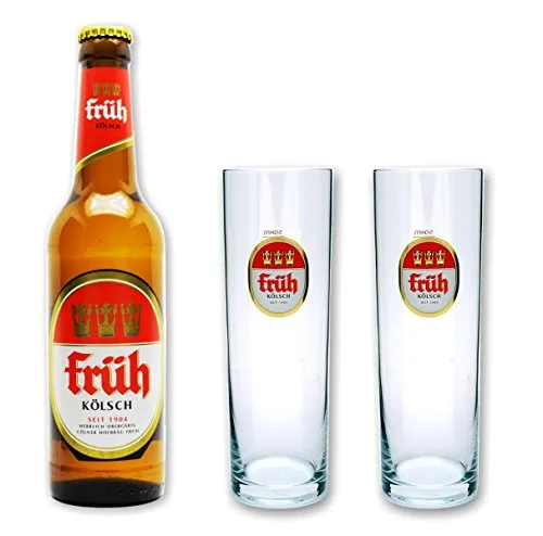 Früh Kölsch 0,33l - Set mit 2 original Stangen Gläser - Helles Bier Set mit 1 Flasche (0,33l) und 2 Gläsern (0,2l) - ideal für gesellige Abende und echte Kölsch-Fans.