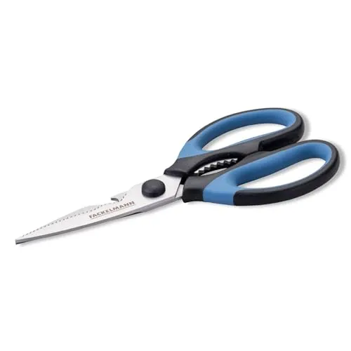 Fackelmann Softgriff-Universalschere – 21 cm, Multifunktionale Küchenschere mit Kapselheber und Schraubverschlussöffner, Reinigung per Hand, Blau