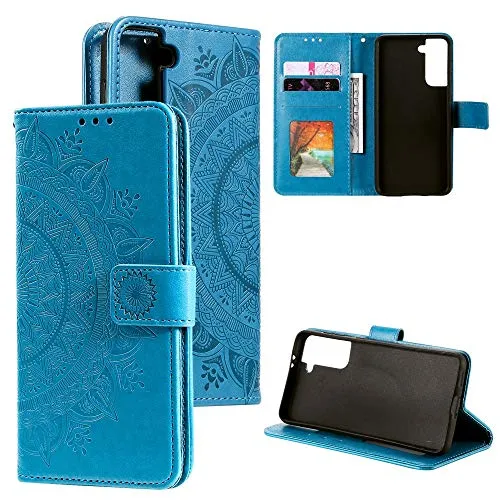 CoverKingz Handy Cover kompatibel mit Samsung Galaxy S21 5G - Handyschutz mit Kartenfach Klapphülle - Bookcase Hülle aufklappbar Motiv Mandala Blau