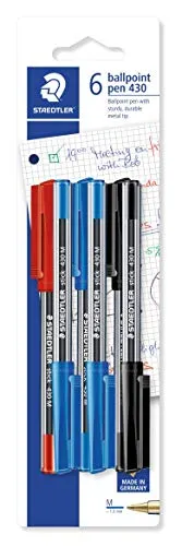 STAEDTLER 430 MSBK6D stick Kugelschreiber Linienbreite M, 0.45 mm, Kappe und Clip in Schreibfarbe, 6 Stück auf Blisterkarte