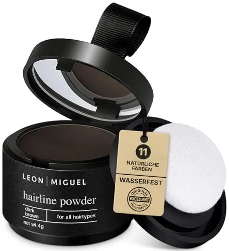 LEON MIGUEL Ansatzpuder - wasserfestes Hairline Powder als perfekten Haar Concealer zum Ansatz kaschieren, unsichtbares Haar Make-up zur Haarverdichtung (Dunkelbraun, Hairline Powder)