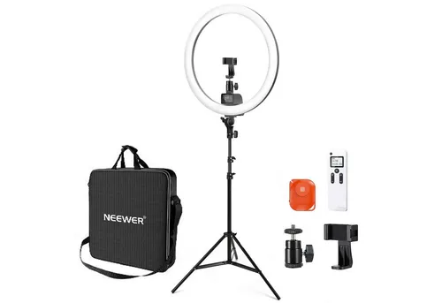 NEEWER Ringlicht SRP18-2,4G 18 Zoll LED mit Ständer und Telefonhalter, 2,4G & Manual Touch Control Professional Ringlicht, 42W 3200-5600K für Tattoo Wimpern Friseur Fotografie Beleuchtung,(Schwarz)