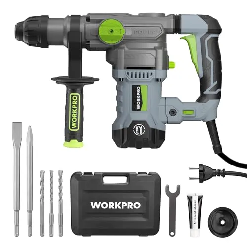 WORKPRO Bohrhammer SDS Plus 1500W, Hammer Drill Betonhammer Bohrmaschine 5,5 Joule, 4 Modi, Variable Geschwindigkeit, 360° Handgriff, Mit Zubehör, Meißel & Koffer, 930 R/Min, 4300BPM, Im Beton 32mm