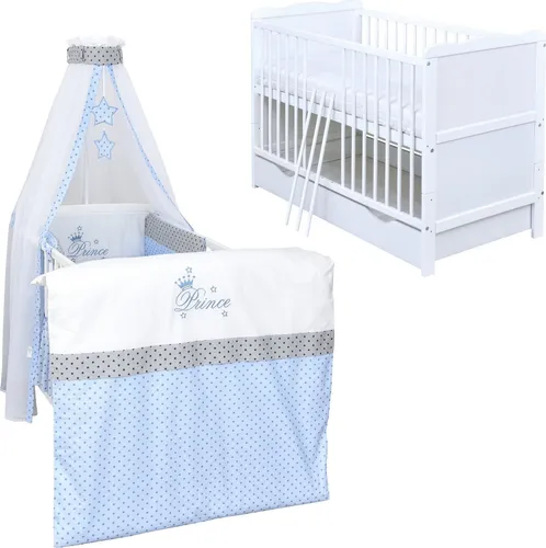 Baby-Delux Babybett Kinderbett Jack 140×70 weiß inkl. Schublade und Bettwäsche Set - Kombinierbares Babybett Jack 70 x 140 cm in Weiß aus stabilem Kiefernholz, inkl. Schublade für zusätzlichen Stauraum. Mit hochwertiger Bettwäsche und höhenverstellbarem Lattenrost für optimale Anpassung an die Bedürfnisse Ihres Kindes.