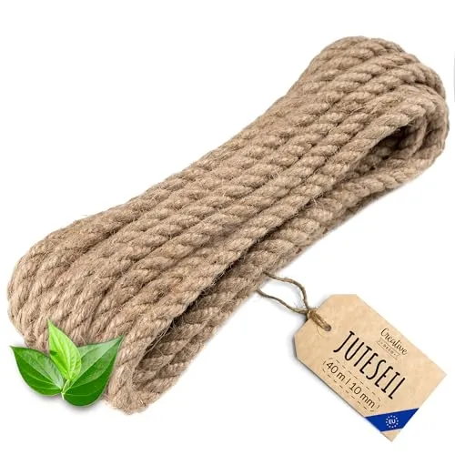 Creative Deco Juteseil Juteschnur | 40m Lang (Personalisierung alle 5m möglich) | 10mm Dickes Seil | Jute Hanfseil Tau Schnur | Gedreht Garn Kordel Naturfaser | Braunes Deko Seil Handlauf DIY Garten