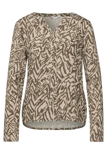 STREET ONE Damen A322626 Bedrucktes Shirt, Honey Sand, 42 EU - T-Shirts für Damen mit geschlitztem Ausschnitt und langem Arm, ideal für einen lässigen Look dank grafischem Muster und stylischem Materialmix.