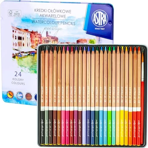 Astra Prestige 24 Aquarellstifte und Pinsel mit Metalldose für Kinder und erwachsene Künstler, FSC-zertifizierte, vorgespitzte Zedernholzstifte