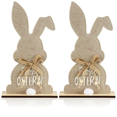 com-four® 2X Deko Aufsteller für Ostern - Niedlicher Filz-Osterhase - Osterdeko zum Hinstellen - Osterdekoration aus Holz, Filz und Jute (2 Stück - Hase mit Schrift)
