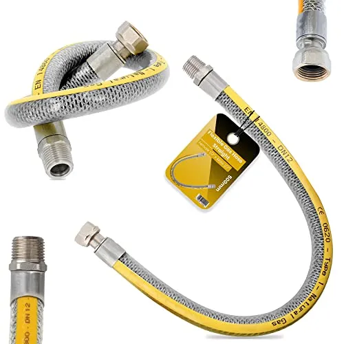 Flexibler Gasschläuch 50cm Propangasschlauch Butangasschlauch 1/2 IG x 1/2 AG DN12 Edelstahl PVC Butangas Propan Schlauch EN14800 Gasanschlussschlauch Gasflaschen Camping Küche Gasgrillgeräte