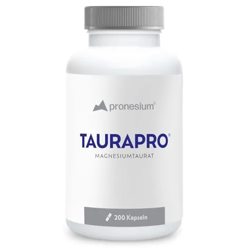 TAURAPRO® Magnesiumtaurat 200 Kapseln - Hochwertige Nahrungsergänzung - Hochwertige Kapseln mit 180 mg Magnesium und 2200 mg Taurin pro Tagesdosis. Hergestellt aus purem, oxidfreiem Rohstoff aus den USA, vegan und ohne Zusatzstoffe.