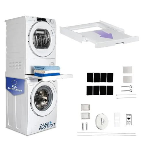 CARE+PROTECT Universaler Zwischenbaurahmen mit ausziehbarem Boden - Platzsparender Rahmen für Waschmaschinen und Trockner, ideal für Geräte mit 47-62 cm Tiefe. Ausziehbarer Boden für einfachen Zugang und maximale Stabilität.