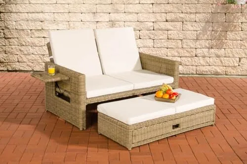 CLP Polyrattan 2er-Loungesofa Ancona mit verstellbarer Rückenlehne - Gartenmöbel mit hohem Sitzkomfort, verstellbarer Rückenlehne und ausziehbarem Fußteil für zusätzlichen Stauraum. UV-beständig und pflegeleicht für entspannte Stunden im Freien.