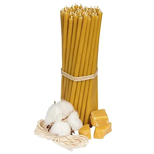 Diveevo Bienenwachs Kerzen Gelb - Orthodoxe Ritualkerzen für Gebet und Dekoration - Ungiftig, Ruß- und Tropffrei, Langbrennend, 50 Stück, Höhe 16.5 cm, Brenndauer 50 Min, Honigduft