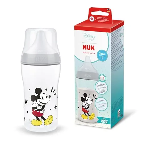 NUK Perfect Match Babyflasche | 3+ Monate | 260 ml | Anti-Kolik-Babyflasche | PP | Temperature Control Anzeige | Disney Micky Maus | 1 Stück